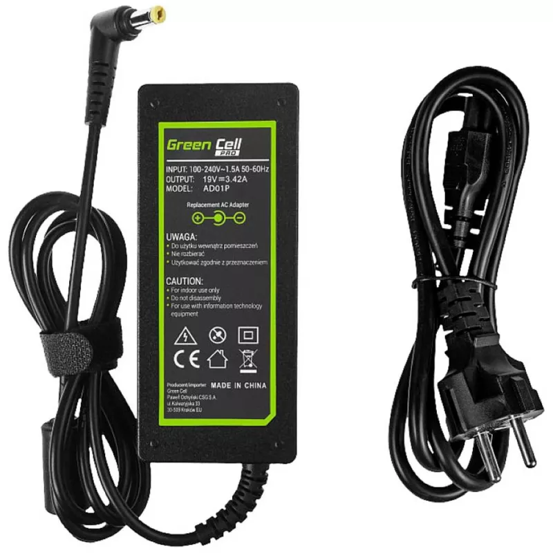 Toiteadapter roheline Cell AD01P — 60 W, 19 V 3,42 A, siseruumides kasutatav sülearvuti toiteallikas, must