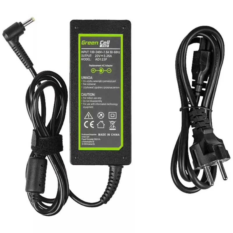 Toiteadapter roheline Cell AD123P 65 W 20 V 3,25 A Lenovole, sisetingimustes, must, 2 m kaabel