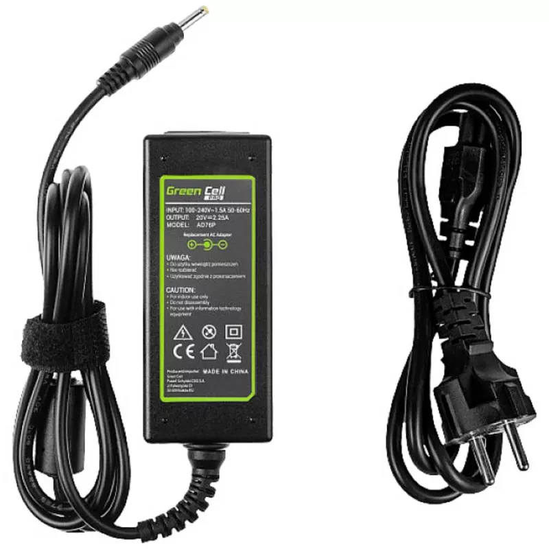 Toiteadapter roheline Cell AD76P 45W Lenovo sülearvutitele, 20V 2.25A, vahelduvvoolust alalisvooluks, 100–240V sisend, must