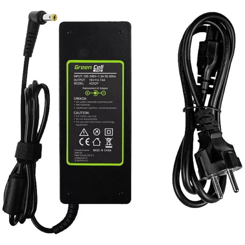 Sülearvuti toiteadapter roheline Cell AD02P 90W 19V 4.74A AC-to-DC Siseruumides Must