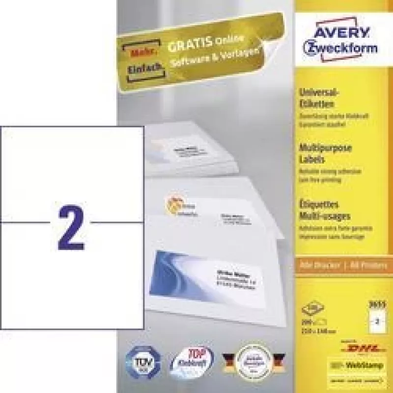 Avery 3655 isekleepuv silt Ristkülikukujuline Püsiv Valge 200 tk