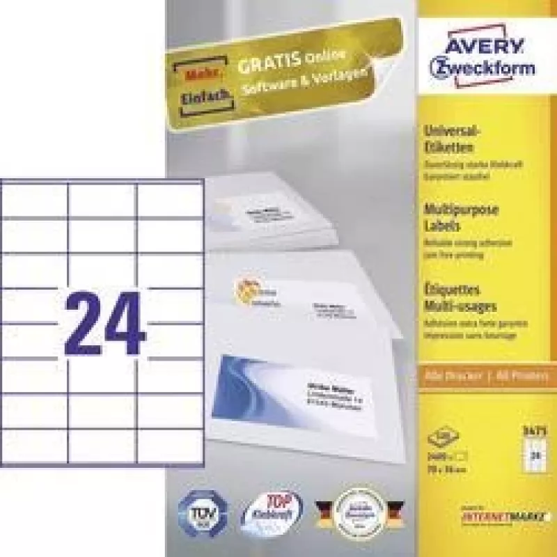 Avery mitmeotstarbelised sildid Laser Koopiamasin Tindiprinter 24 lehe kohta 70x36 mm