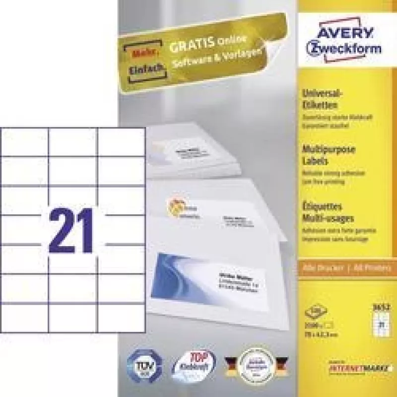 Avery - sildid - valge - 42,3 x 70 mm 2100 silti (100 lehte x 21) (3652)