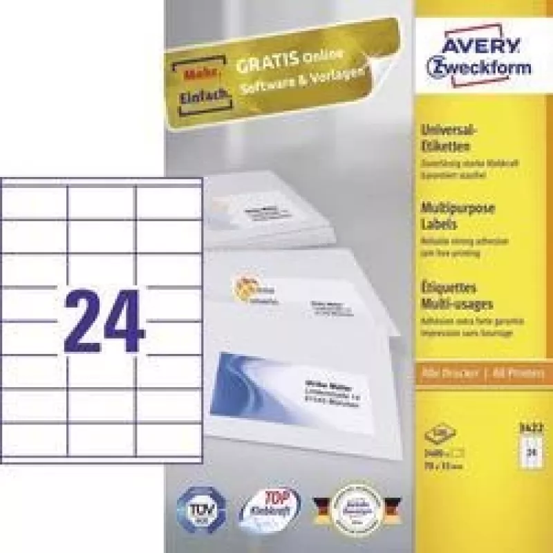 Universaalsed sildid 70x35mm InkjetLaserCopy A4 100 lehte 2400 tk Valge
