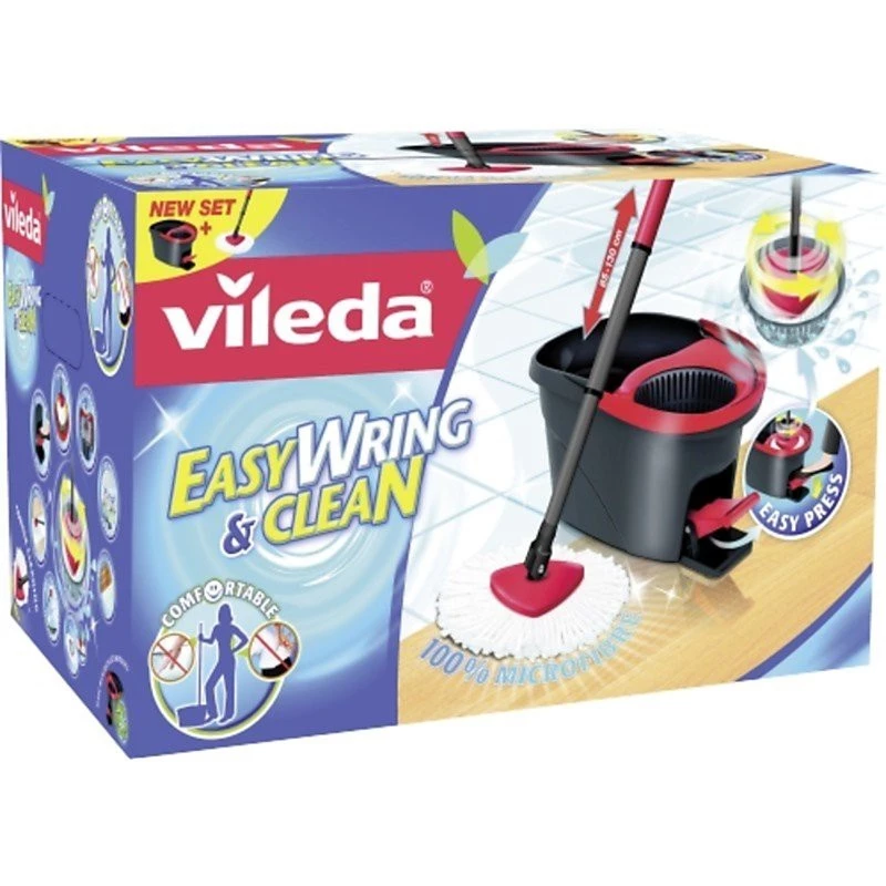 Mopp VILEDA EasyWring & Clean Turbo, punane tehnopolümeerist ämber, eemaldatav pestav mikrokiudpea, kõvadele põrandatele