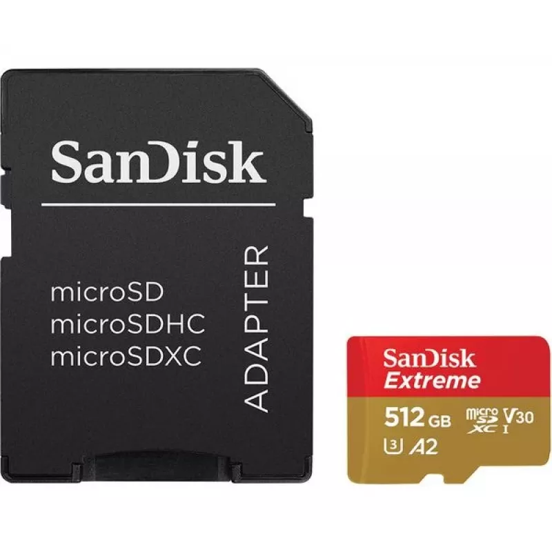MicroSDHC mälukaart SANDISK Extreme 512 GB UHS-I A1 V30 U3 Class 10, lugemine 190 MB/s, kirjutamine 130 MB/s, sisaldab SD-adapterit