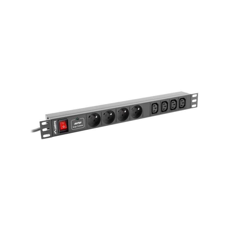 Toitejaotusseade LANBERG PDU-04E04I-0200-BK — 4× C13 pistikupesa, 16 A, 220–250 V, 2 m kaabel, 1U horisontaalne, must