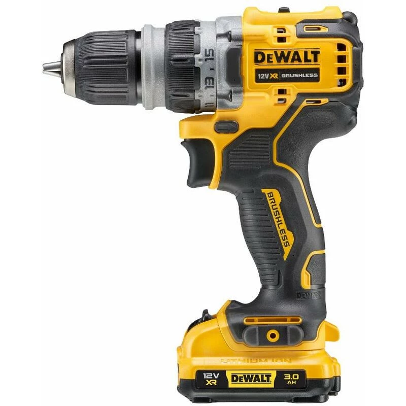 Püstolkäepidemega puur DeWALT DCD703L2T-QW — 12 V, 3,0 Ah x2, 1500 p/min, 10 mm kiirkinnituspadrun, 25,5 N·m, 0,9 kg