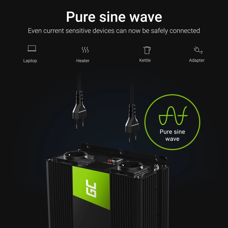 Autoinverter roheline Cell INV21 6000 W, 24V alalisvoolust vahelduvvooluks, 230V väljund, 2x USB PD, aktiivjahutus, eemaldatavad alalisvoolupistikud, must