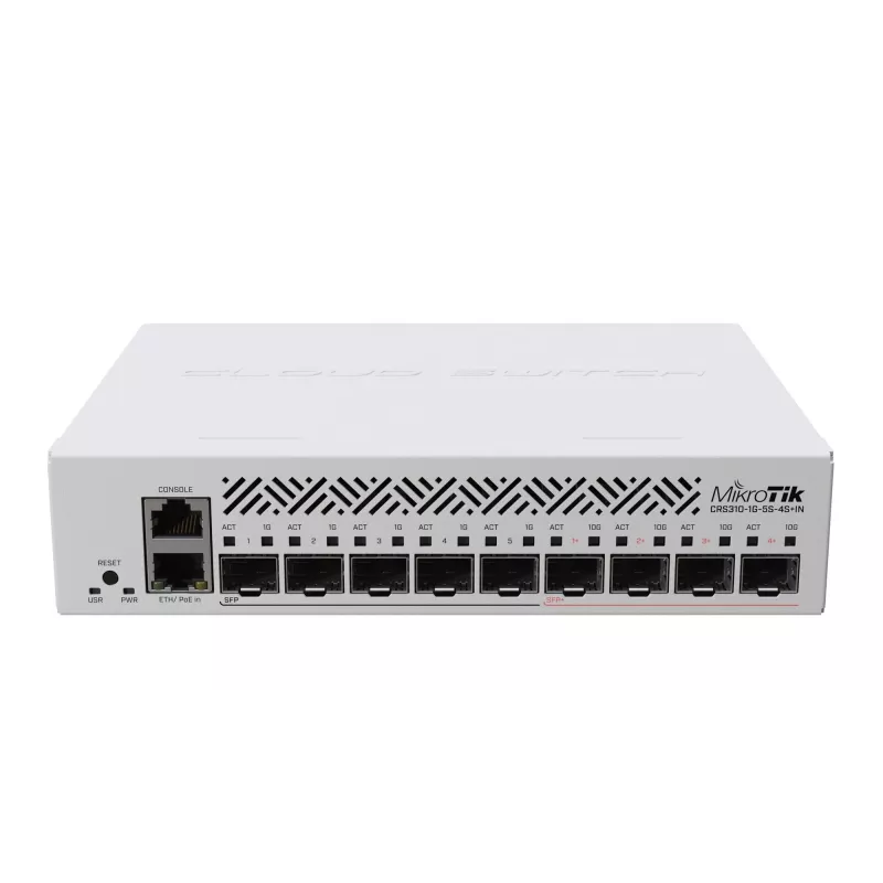 Hallatav L3 võrgukommutaator MikroTik CRS310-1G-5S-4S+IN — 1U, 1x Gigabit, 5x SFP, 4x SFP+, 10G, DC/PoE 18–57V, 20W max