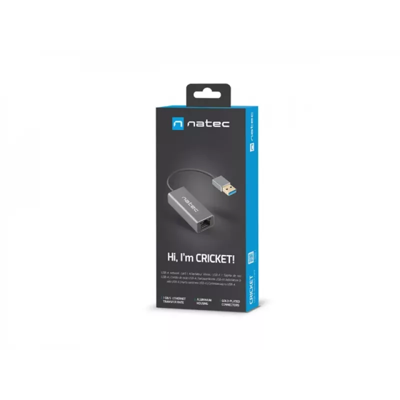 USB jaotur NATEC Cricket USB 3.2 Gen 1 Type-A RJ-45 Ethernetiga 1000 Mbit/s, alumiiniumkorpus, must