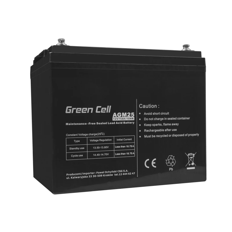 Suletud pliiaku UPS-aku roheline Cell AGM25 12 V 75 Ah, VRLA, 75 Ah, 12 V, 21,3 kg