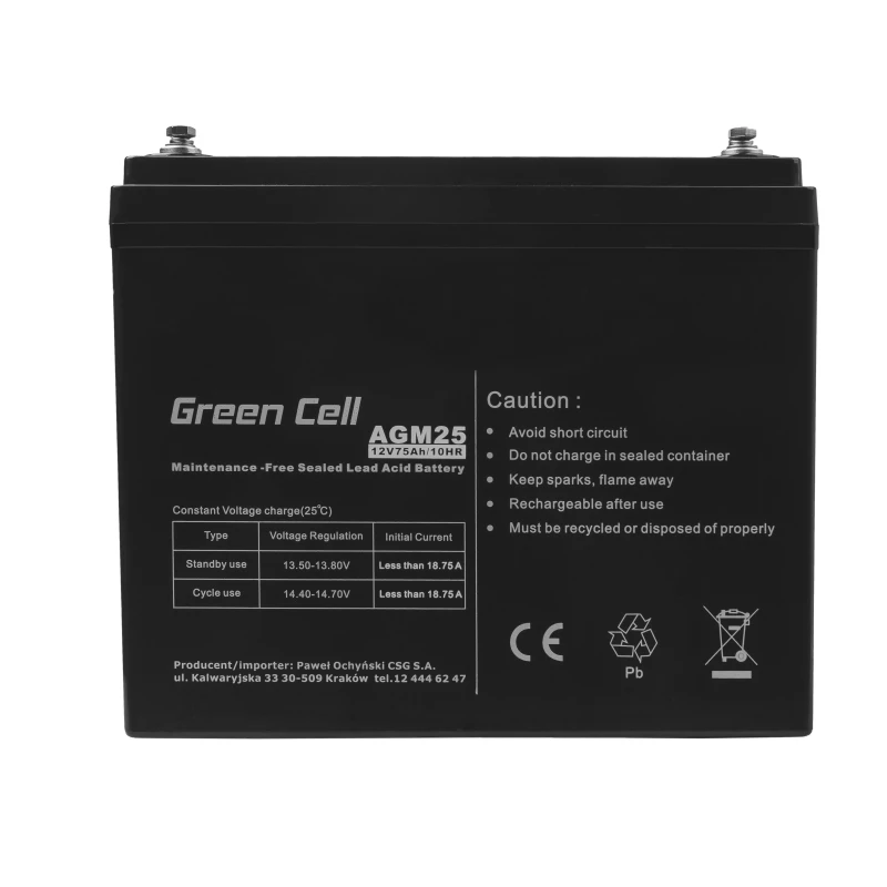 Suletud pliiaku UPS-aku roheline Cell AGM25 12 V 75 Ah, VRLA, 75 Ah, 12 V, 21,3 kg