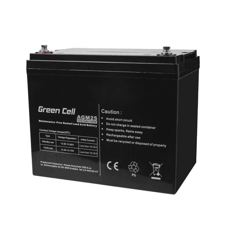 Suletud pliiaku UPS-aku roheline Cell AGM25 12 V 75 Ah, VRLA, 75 Ah, 12 V, 21,3 kg