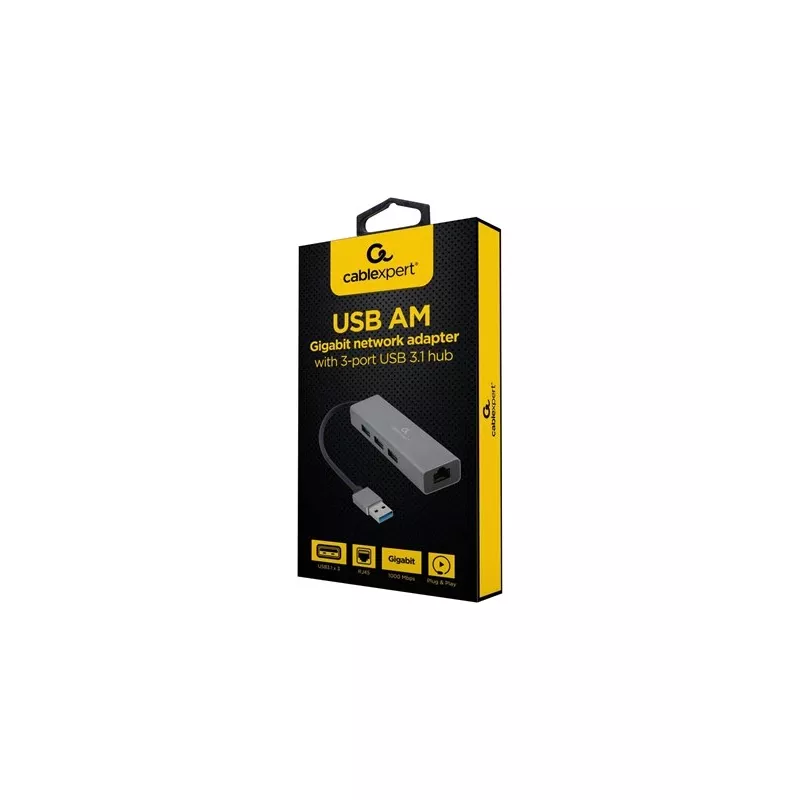 Gembird A-AMU3-LAN-01 USB-A Gigabit LAN-adapter 3-pordilise USB 3.0 jaoturiga, must