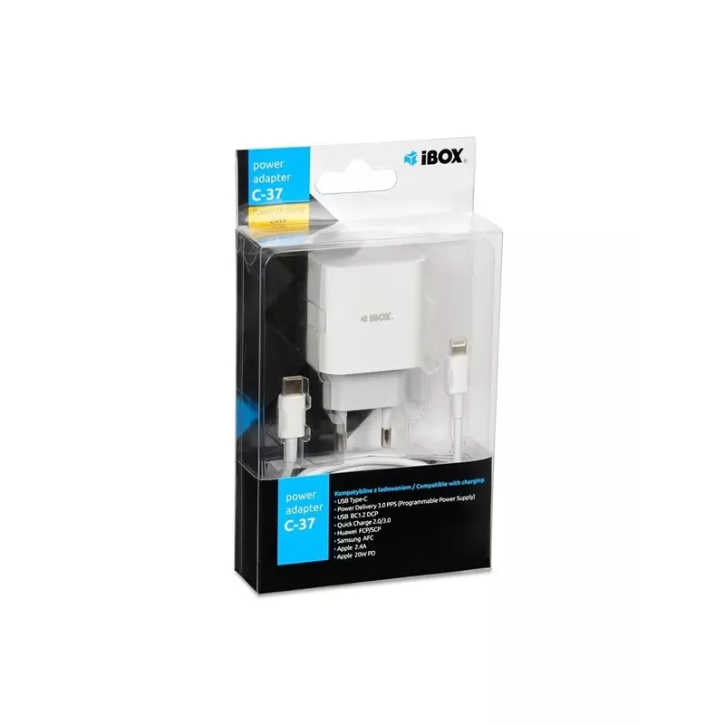 Sisemine USB USB-C kiirlaadija IBOX C-37, 20W, USB‑C PD 3.0, 3 A väljund, valge