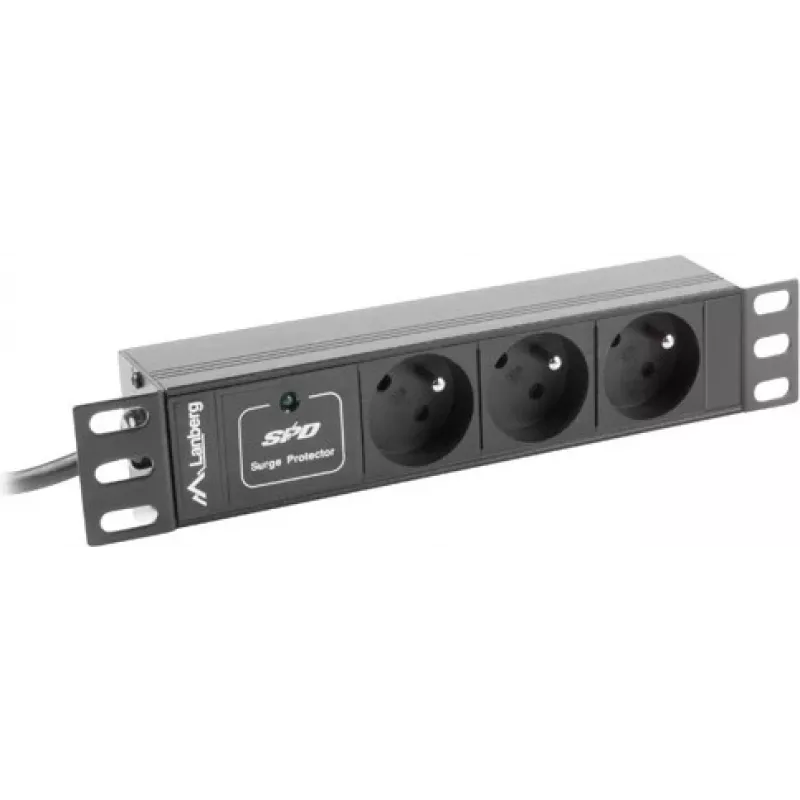 Toitejaotusseade LANBERG PDU-03E-0200-BK — 1U, 3x tüüp E pistikupesa, 220–250 V, 16 A, 2 m kaabel, must