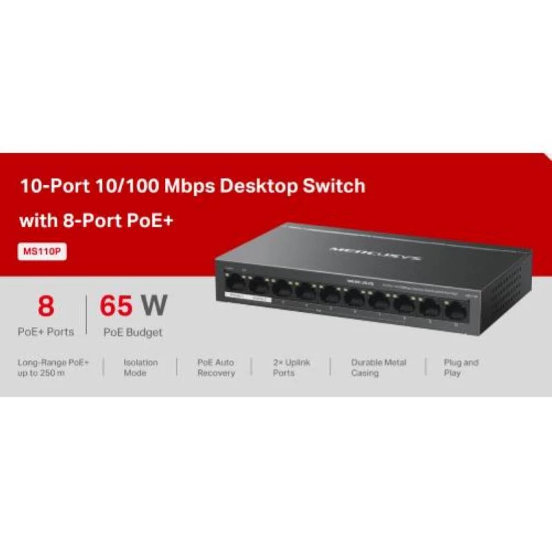 Switch Mercusys MS110P 10 porti 10/100Mbps POE+ 8 porti (Versioon 1.0)