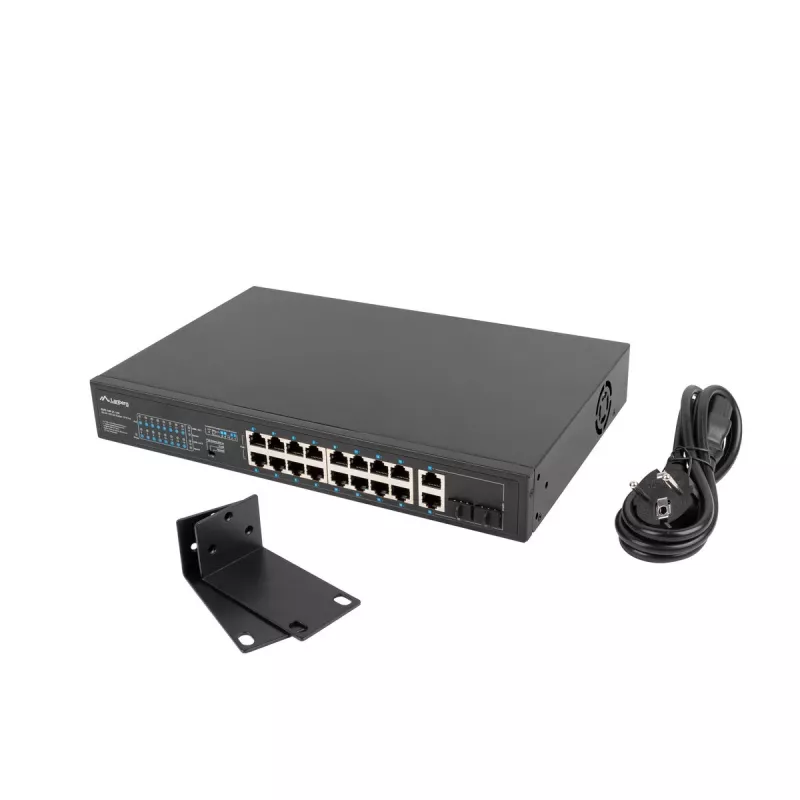 Haldamatu lüliti LANBERG RSFE-16P-2C-150 — 18 pordiga Gigabit, 16 PoE+/2 SFP, 150 W koguvõimsus, 1U riiul, metall, must