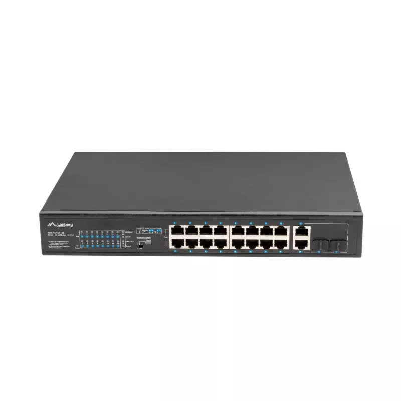 Haldamatu lüliti LANBERG RSFE-16P-2C-150 — 18 pordiga Gigabit, 16 PoE+/2 SFP, 150 W koguvõimsus, 1U riiul, metall, must