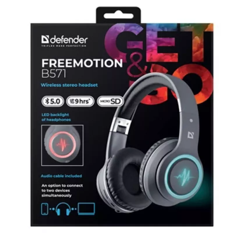 Kõrvaklapid DEFENDER FREEMOTION B571 LED juhtmevabad binauraalsed, 4 cm draiverid, 6–8 h aku, suletud akustika, 20–20000 Hz