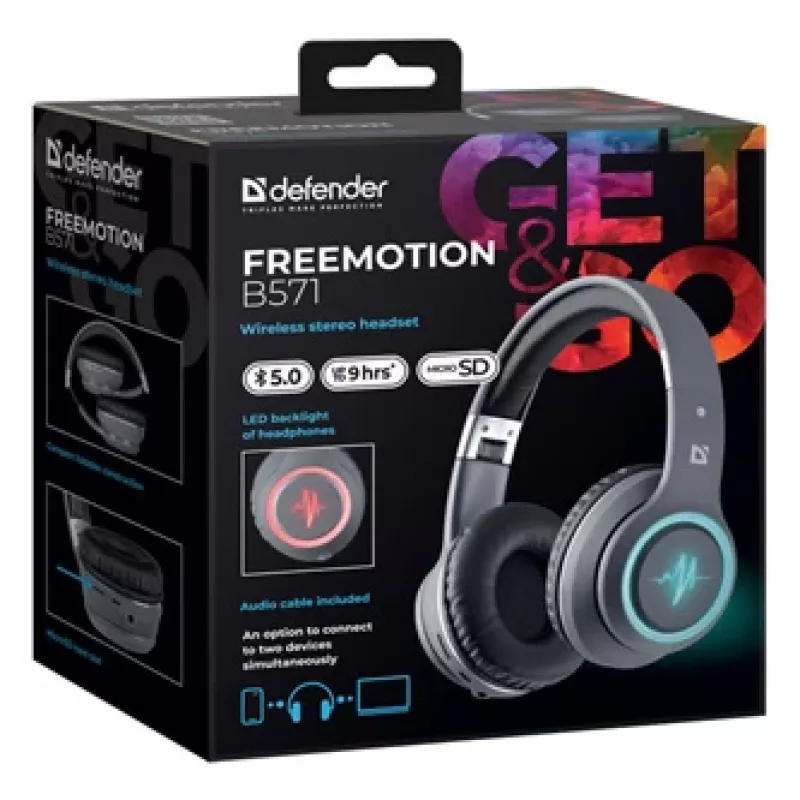 Kõrvaklapid DEFENDER FREEMOTION B571 LED juhtmevabad binauraalsed, 4 cm draiverid, 6–8 h aku, suletud akustika, 20–20000 Hz