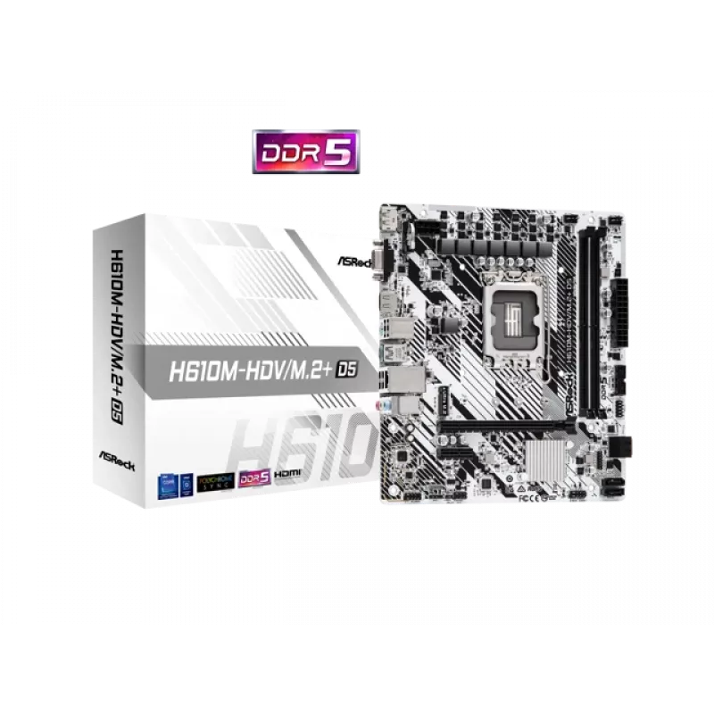 Emaplaat ASRock H610M-HDV/M.2+ D5 — Intel H610, LGA 1700, microATX, 2× DDR5 DIMM, M.2, HDMI 2.1, DP 1.4