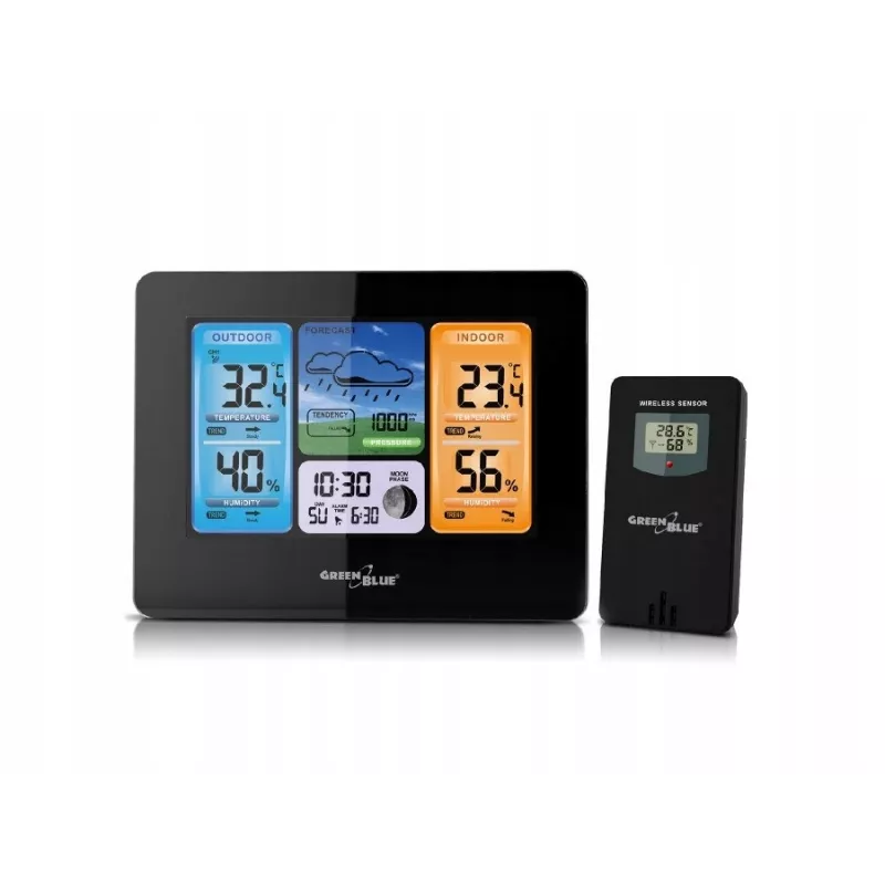Digitaalne ilmajaam GreenBlue GB526 must — siseruumides -20…60 °C, välistingimustes -40…70 °C, õhuniiskus -20…95%, kell, kuufaas