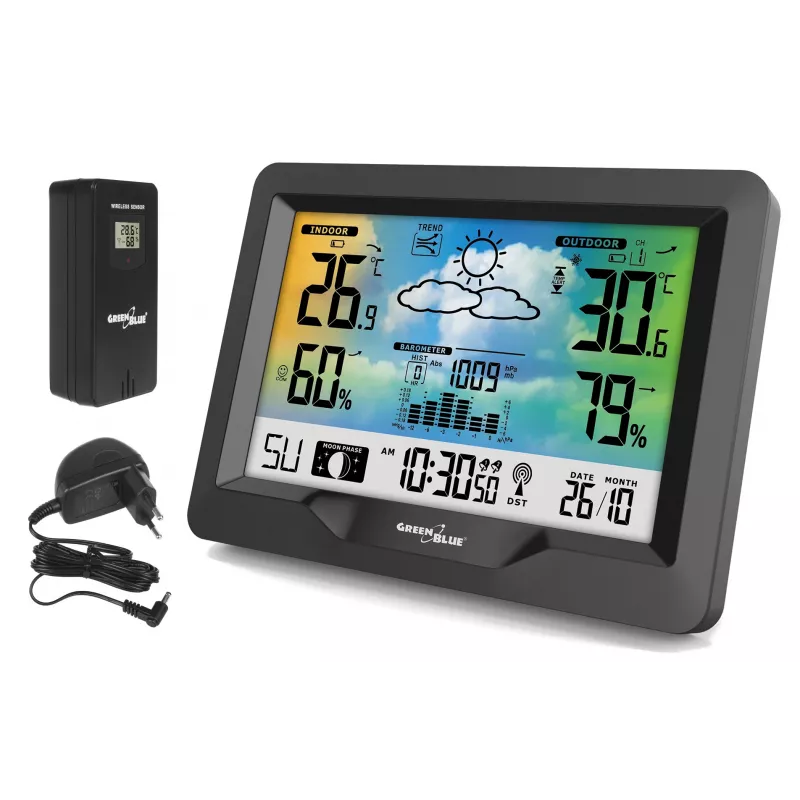 Hygrometer Thermometer GreenBlue GB540 — indoor 0–50°C / outdoor -20–65°C, DCF kell, väliandur 60 m, must