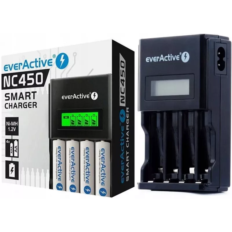Akulaadija everActive NC450B — 4-elemendiline AAA-laadija, 110/230 V vahelduvvool, must