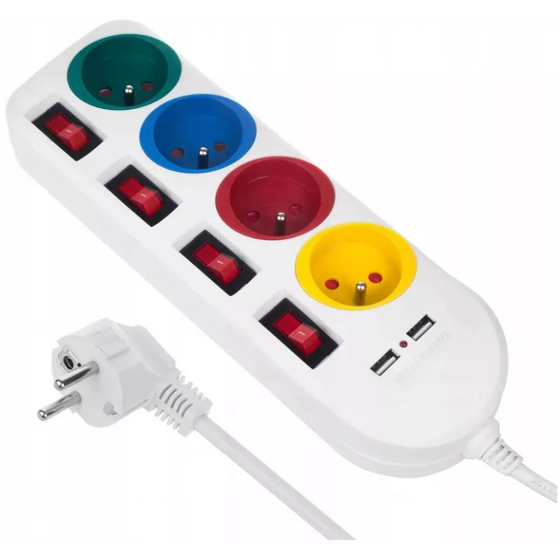 Pistikupesariba MACLEAN MCE229W — 4 pesa, 2× USB, 1,5 m kaabel, tüüp F, 10 A, valge