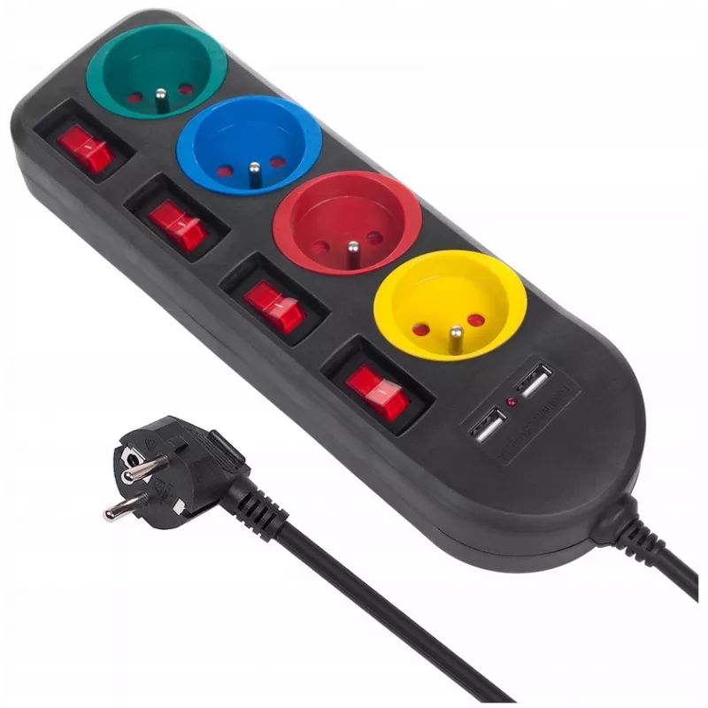 Pikendusjuhe MACLEAN MCE229B — 4 vahelduvvoolupistikut, 2× USB-A, 1,5 m kaabel, 10 A, tüüp F, siseruumidesse, must