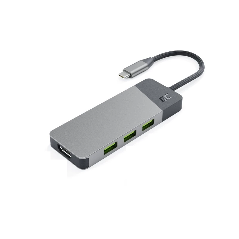 USB Type‑C jaotur roheline Cell HUBGC01 — 7 porti: 3×USB‑A 3.2 Gen 1, 1×USB‑C 3.2 Gen 1, HDMI, microSD+SD mälukaardilugeja — hõbedane