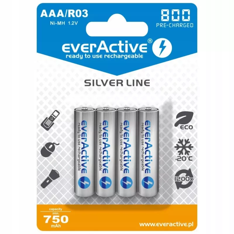 Laetavad AAA NiMH patareid everActive EVHRL03-800 – 1,2 V, 4 tk, silindrilised 44,5×10,5 mm