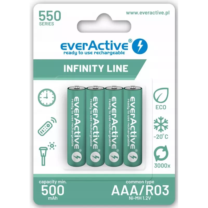 Laetavad AAA NiMH akud everActive EVHRL03-550 1,2 V 550 mAh 4 tk pakendis, silindrilised R03