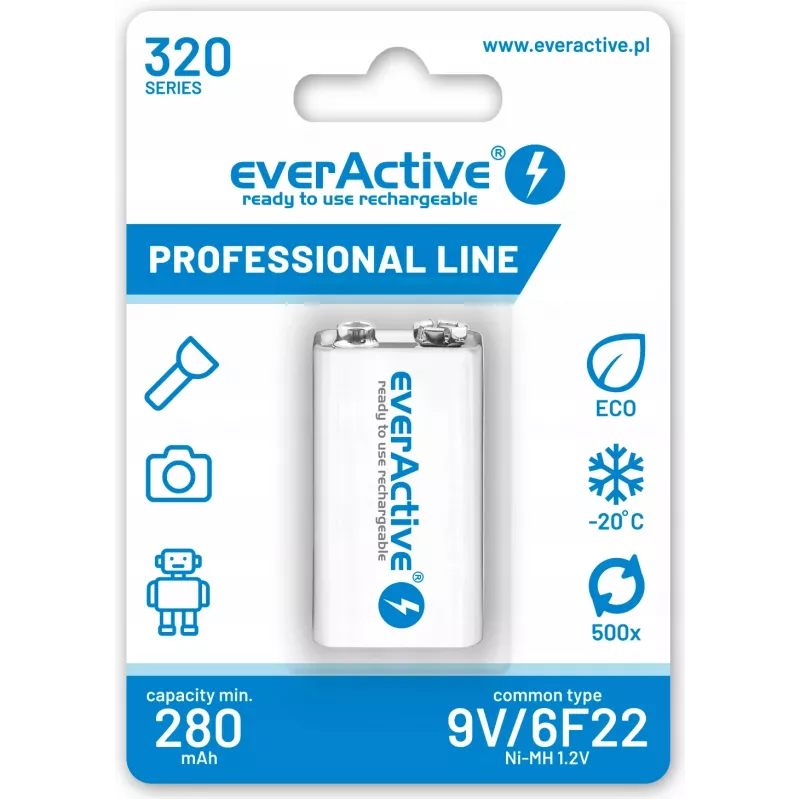 Korduvlaetav aku everActive EVHRL22-320 9V NiMH prismaatiline 8,4 V, 55 g, 48,5 mm