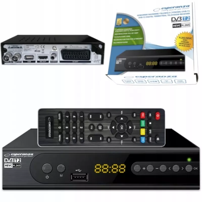Digiboks ESPERANZA EV106R kaabel-tuuner DVB-T2 / DVB-C HEVC H.265, HDMI, USB, PVR, Dolby Digital, 174–790 MHz, must