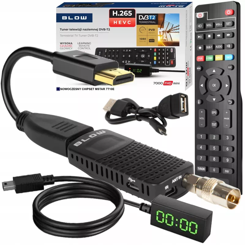 DVB-T2 tuuner BLOW 7000FHD MINI H.265 — kompaktne maapealse TV vastuvõtja, HDMI, USB, S/PDIF, audio L/R, teletekst