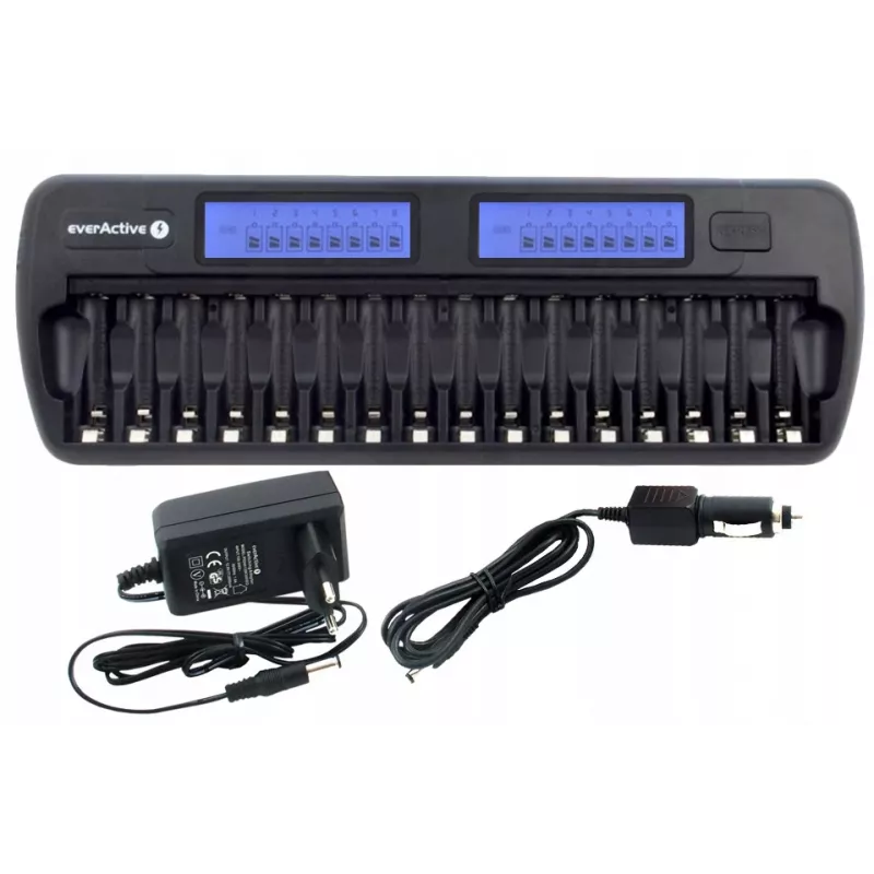 Akulaadija everActive NC-1600 — universaalne alalisvoolulaadija Li-Ion jaoks, toetab 16 elementi, ühilduvad suurused AA/AAA/C, must, AC 100–240V 50–60Hz