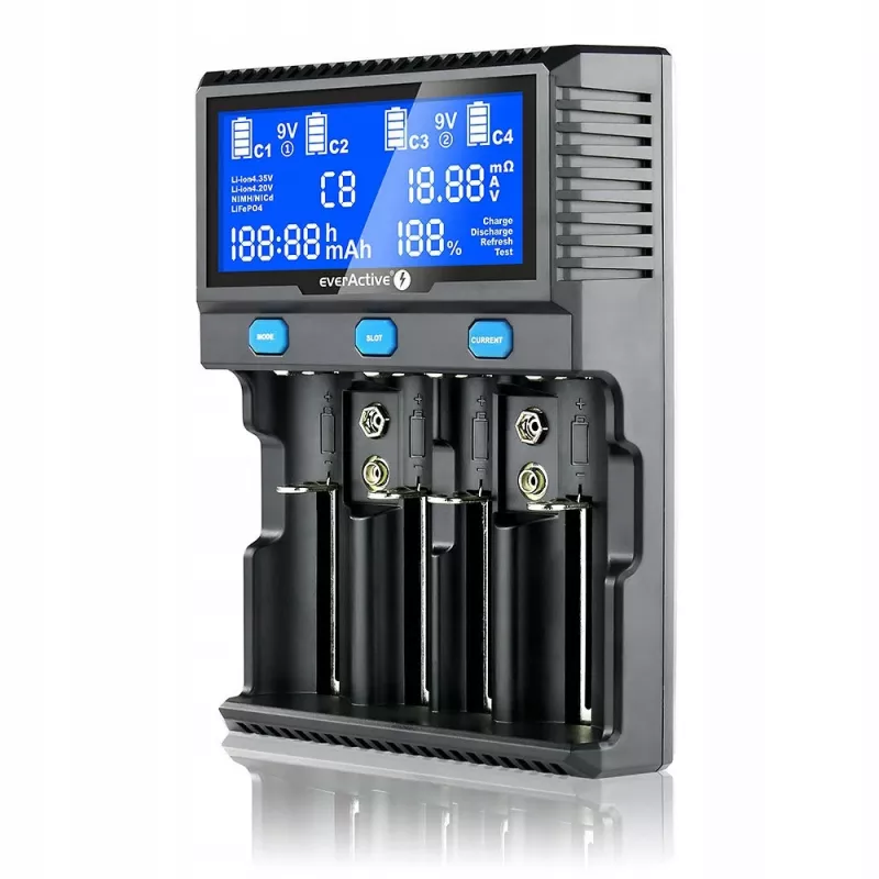 everActive UC-4200 Universaalne vahelduvvoolu akulaadija 12V 3A, toetab AA/AAA/C/9V, 4 elementi, must, sisseehitatud ekraan