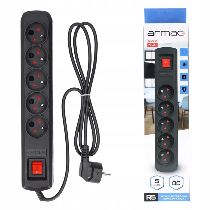 Pikendusjuhe ARMAC R5 — 5 pistikupesa, 5 m kaabel, must