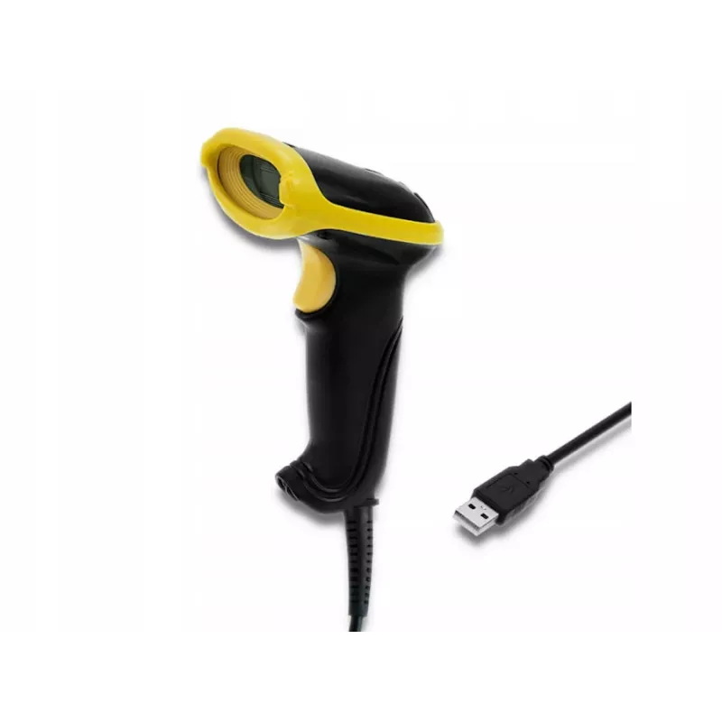 Pihukoodilugeja QOLTEC 50867 — 1D/2D laserskanner, USB-juhtmega, 600 mm lugemisulatus, kollane/must
