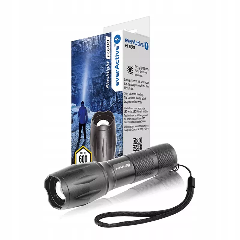 Taskulamp everActive FL600 — 600 lm, 10 W, alumiiniumkorpus, IPX4, 130 mm, 3×AAA, punane