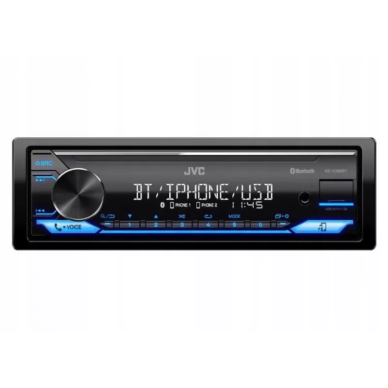 Autoradio JVC KDX-382BT Bluetoothi ja USB-ga — ühe DIN-i, AUX-sisend, FM-tuuner