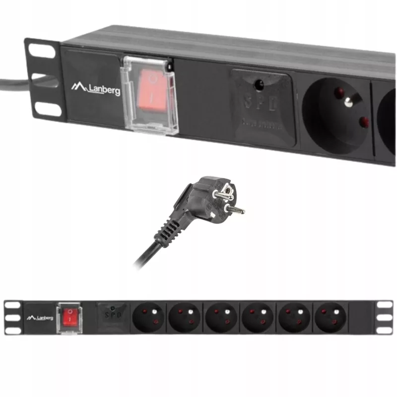Toitejaotusseade LANBERG PDU-06E-0200-BK — 6x E-tüüpi pistikupesa, 16 A, 2 m kaabel, 1U riiul, 220–250 V
