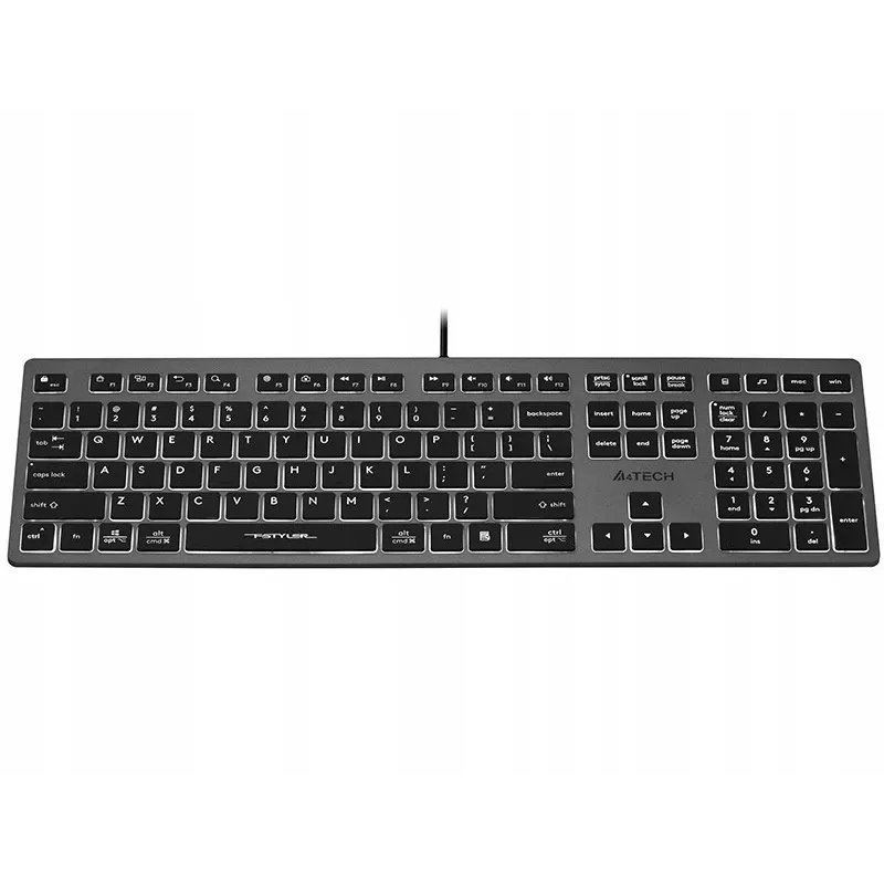 Juhtmega A4Tech klaviatuur FX60H USB QWERTY — täissuuruses 100%, valge taustvalgustusega, hall