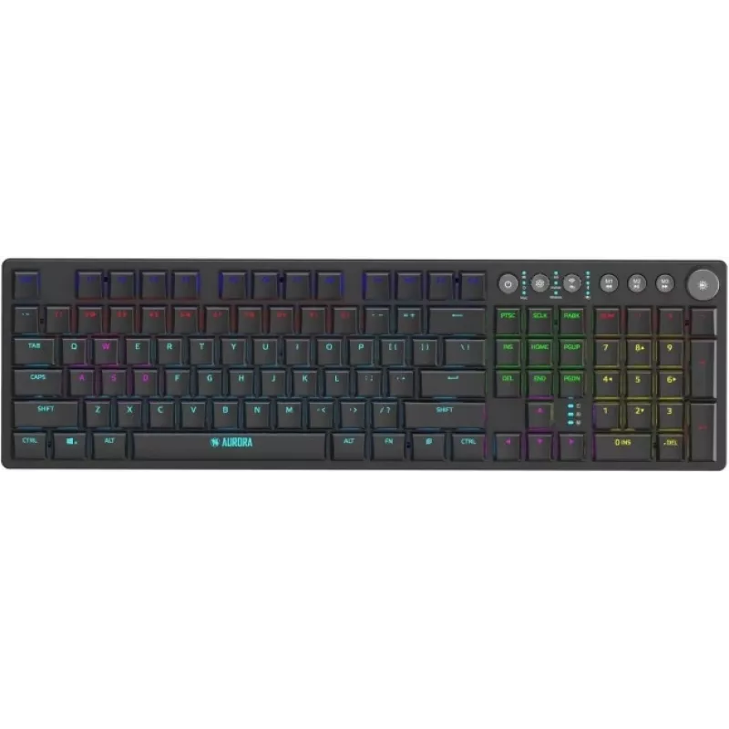 Klaviatuur IBOX AURORA K-6 — täissuuruses QWERTY, RF juhtmevaba + Bluetooth, RGB taustvalgustus, mehaanilised madala profiiliga klahvid, must