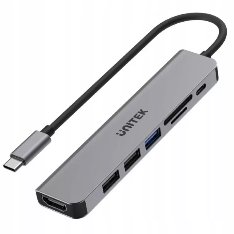 USB-C Hub Unitek 7in1 Alumiinium PD 100W 5 Gbps — multipordiadapter Power Delivery funktsiooniga