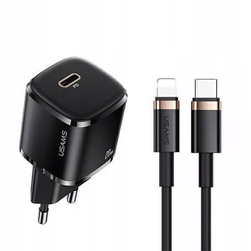 usams telefonilaadija 1x USB-C T36 + Lightning PD — kompaktne PD-laadija USB-C ja Lightninguga