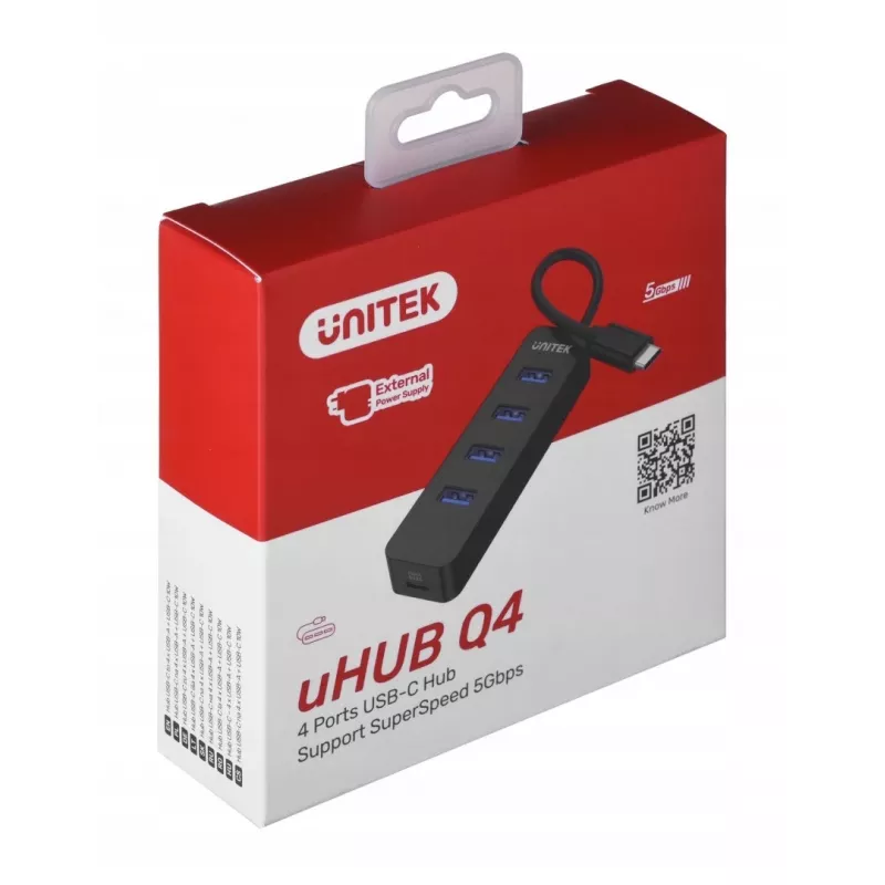 USB-jaotur Unitek uHUB Q4 — 4-pordiline USB 3.2 Gen 1 (tüüp-A) jaotur, USB-C-host, 5 Gbit/s, 10 W, must